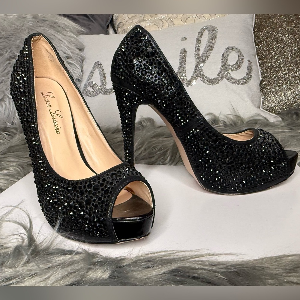 Lauren Lorraine Size 7.5 Black Platform Crystal Peep Toe Sparkly Heels